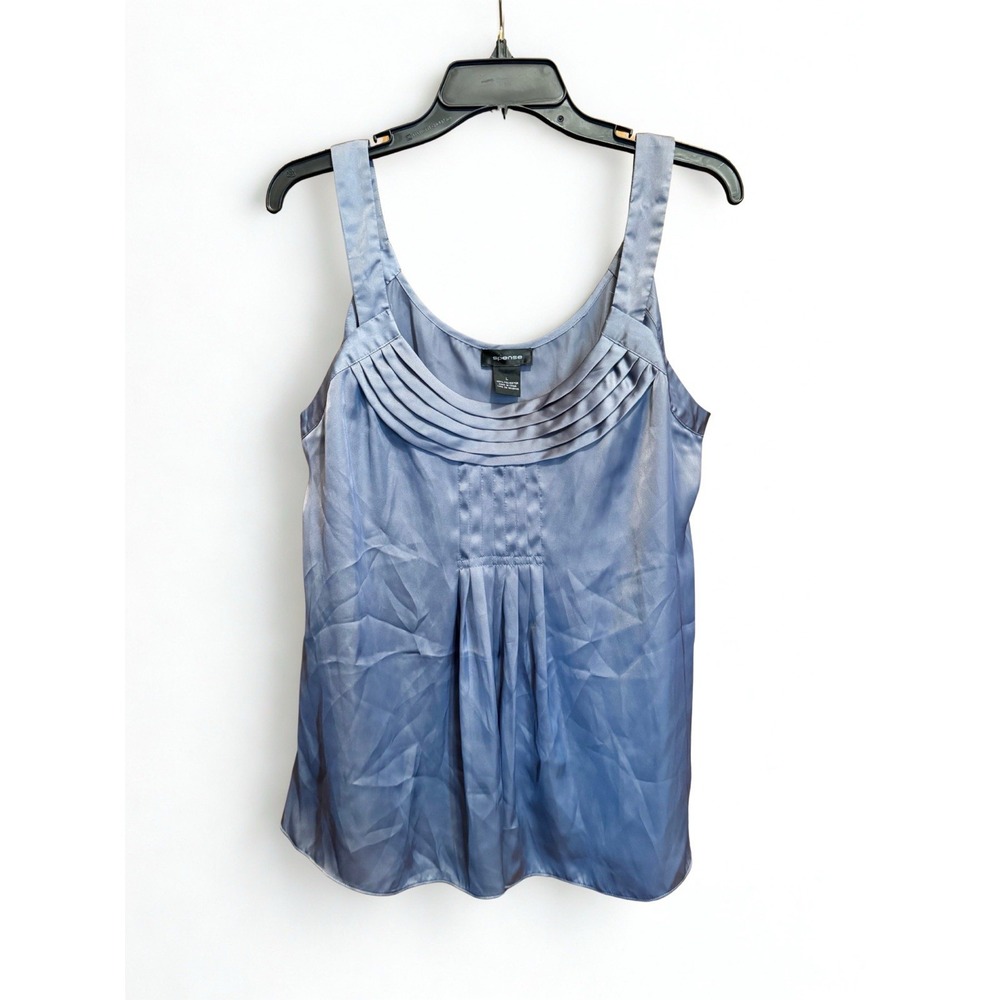 Spense Womens Y2K 90s Silky Large Blue Sleeveless Pleated Scoop‎ Neck Blouse Top